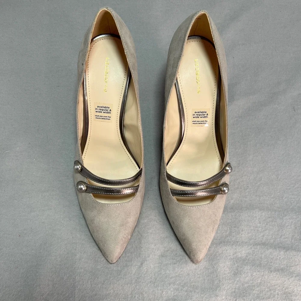 Liz Claiborne Pumps Koala Grey Faux Suede Pearl‎ Strappy Elegant Neutral 9 WIDE